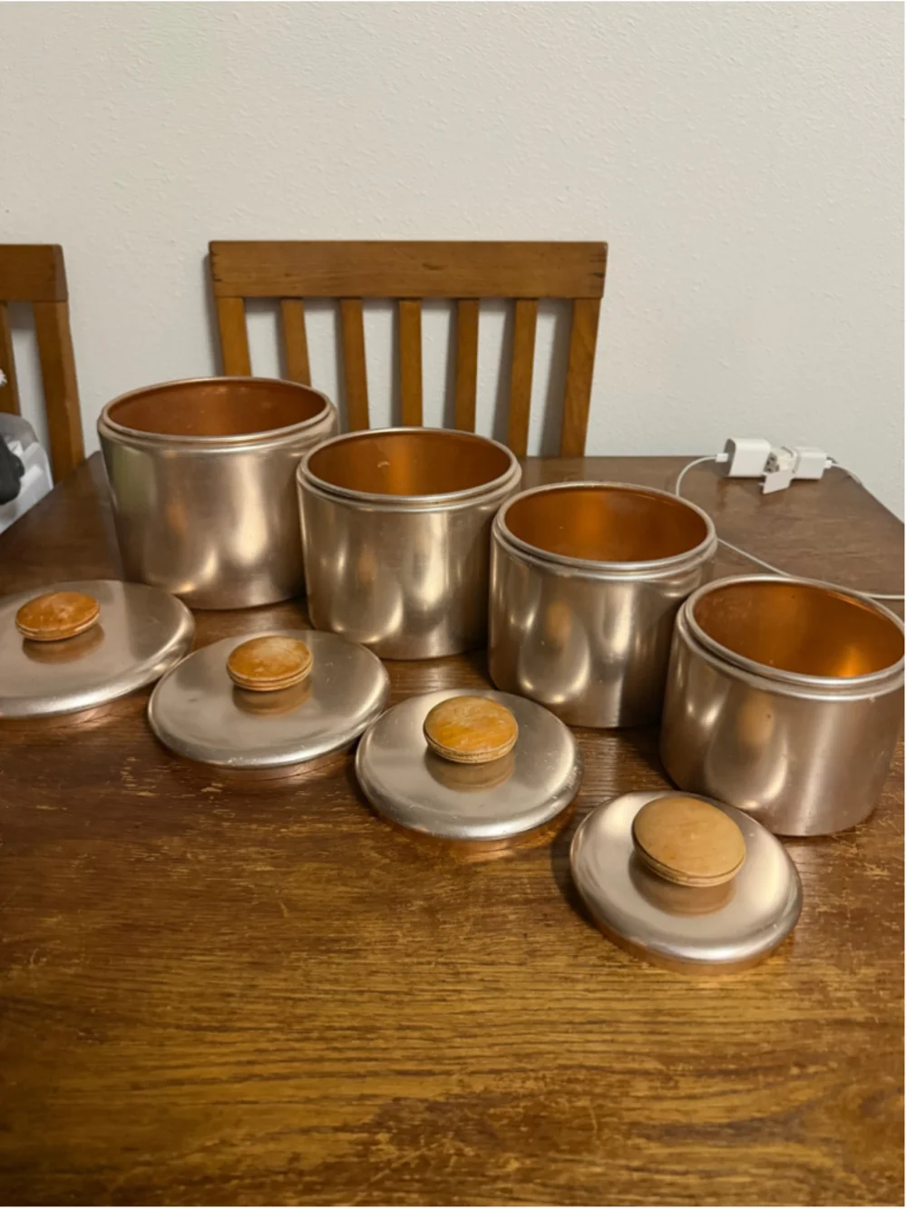 Vintage Mirro Aluminum 4 Piece Canister Set Wood Knob Lids MCM Kitchen Storage M